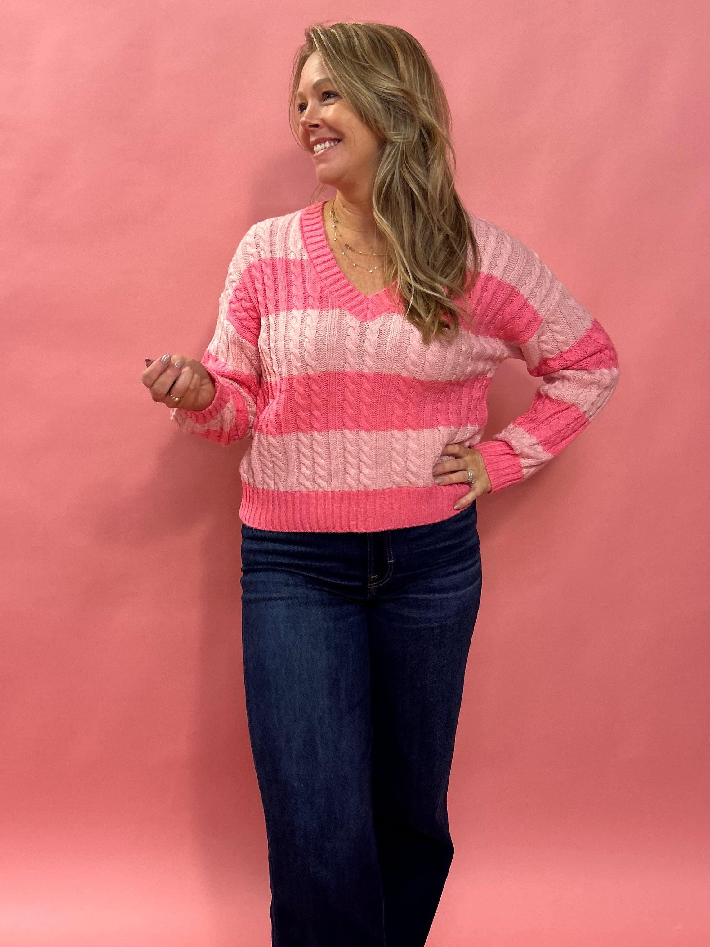 Close Embrace V-Neck Cable Knit Sweater in Pink