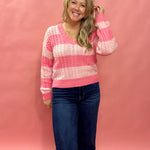 Close Embrace V-Neck Cable Knit Sweater in Pink