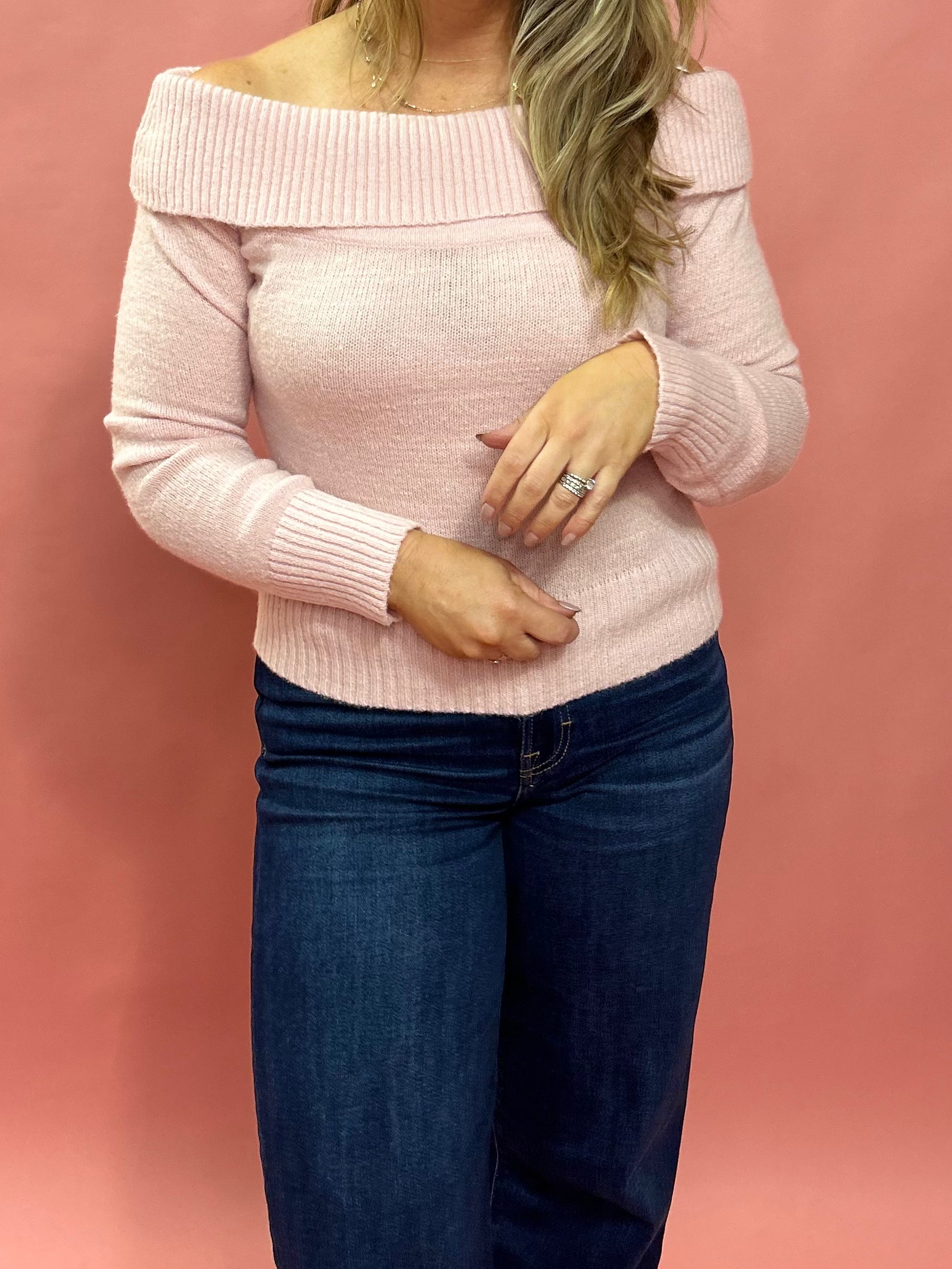 Where Love Lies Off The Shoulder Ribbed Sweater in Pink