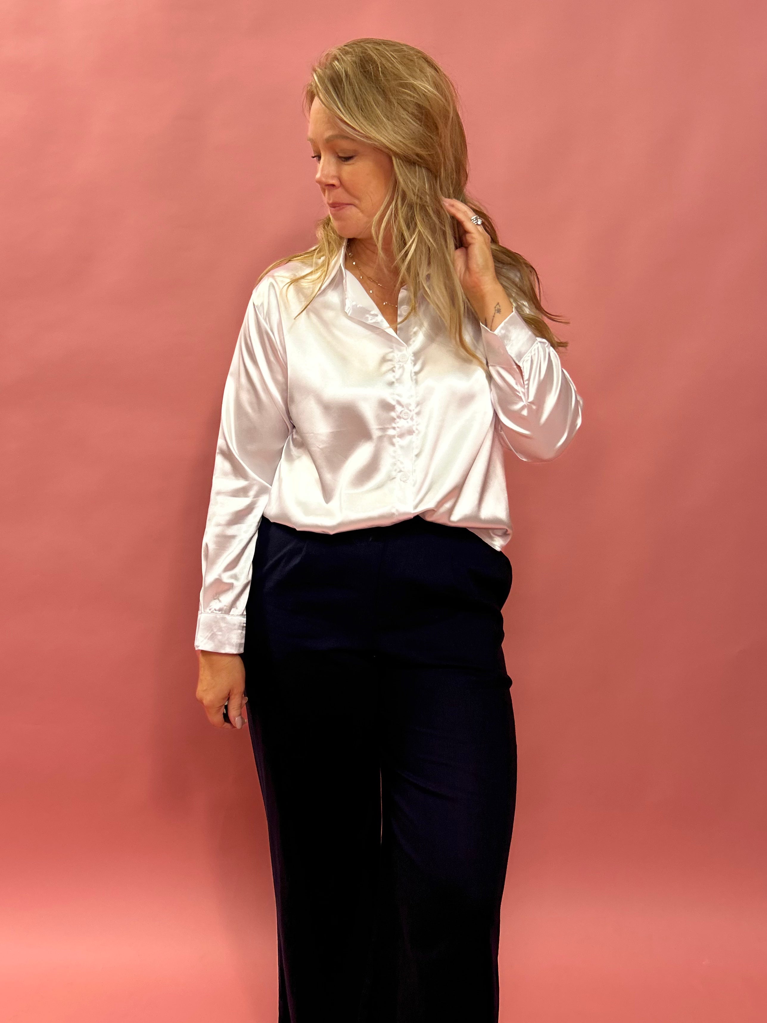 Dressed To Impress Satin Button Down Shirt in White