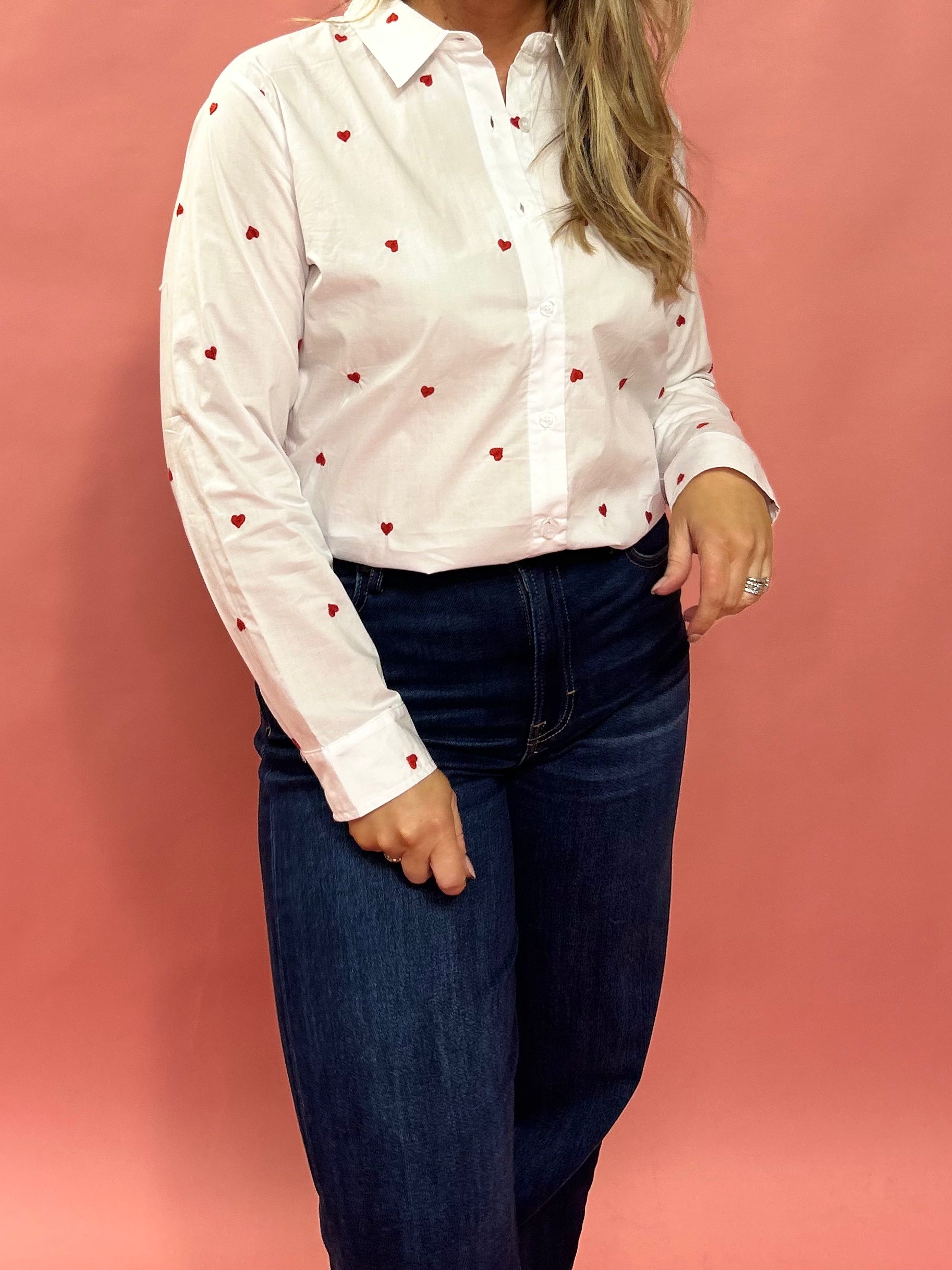 Love in Layers: Sheer White Button-Down with Red Hearts