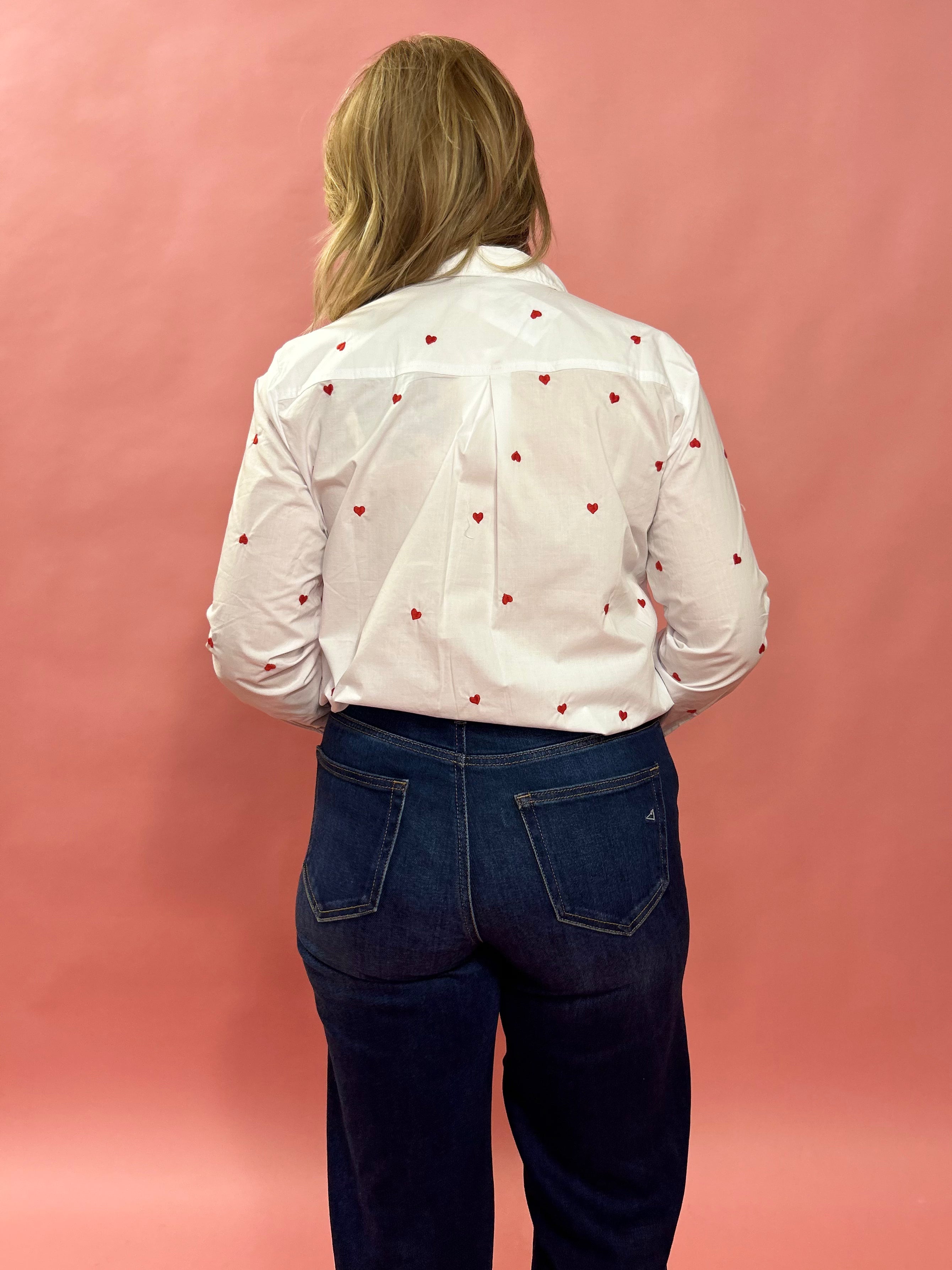 Love in Layers: Sheer White Button-Down with Red Hearts