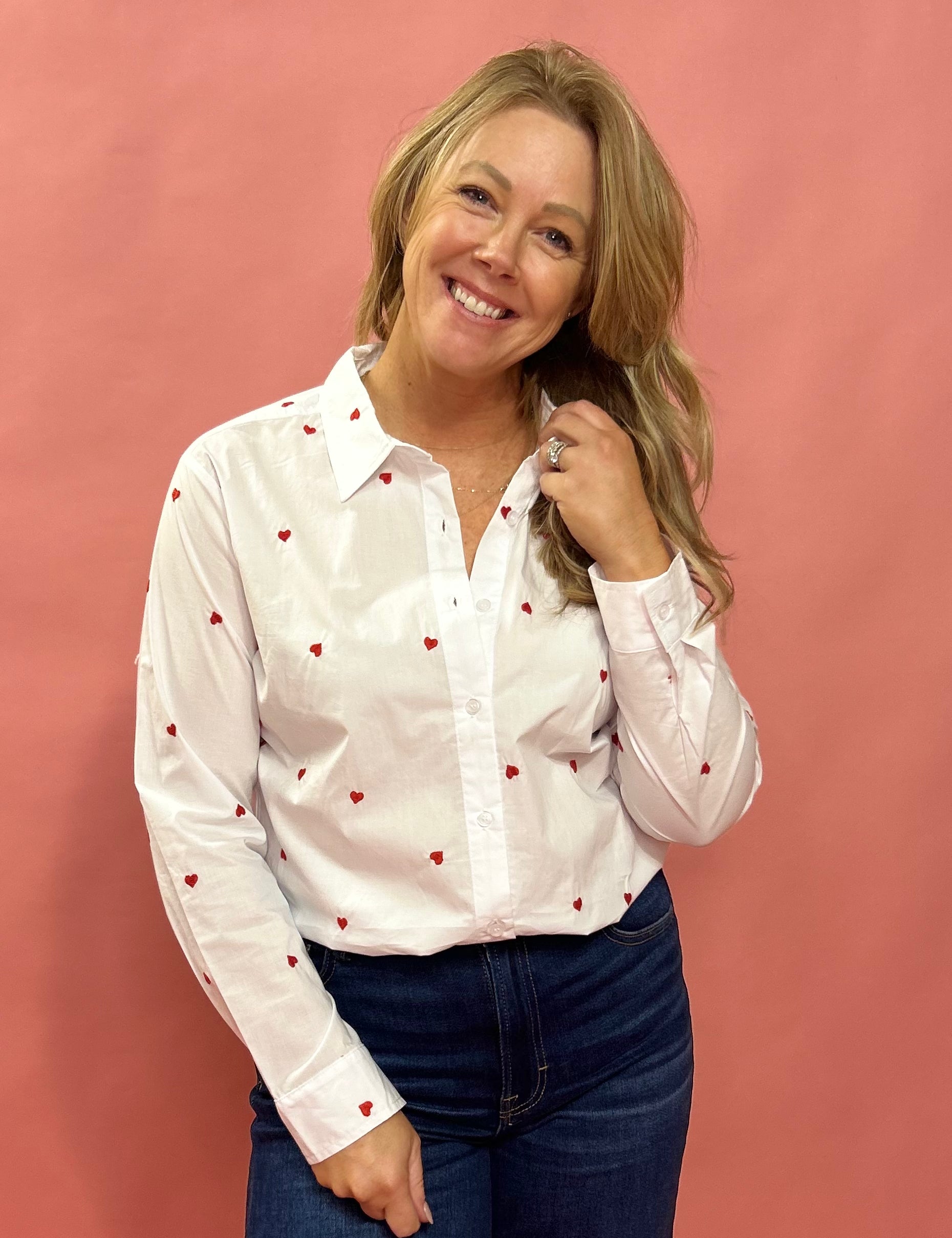 Love in Layers: Sheer White Button-Down with Red Hearts