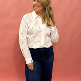 Love in Layers: Sheer White Button-Down with Red Hearts