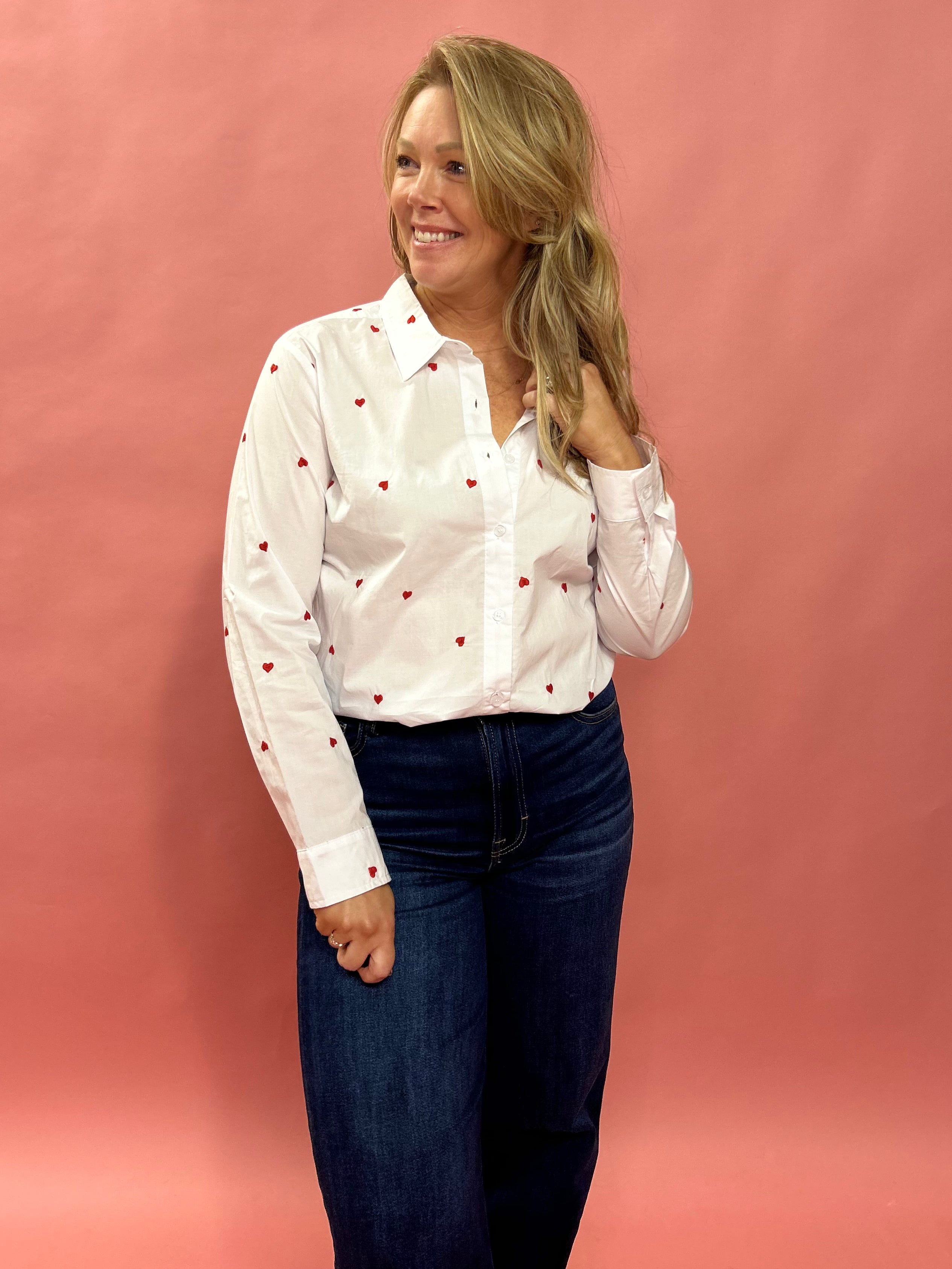 Love in Layers: Sheer White Button-Down with Red Hearts