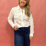 Love in Layers: Sheer White Button-Down with Red Hearts