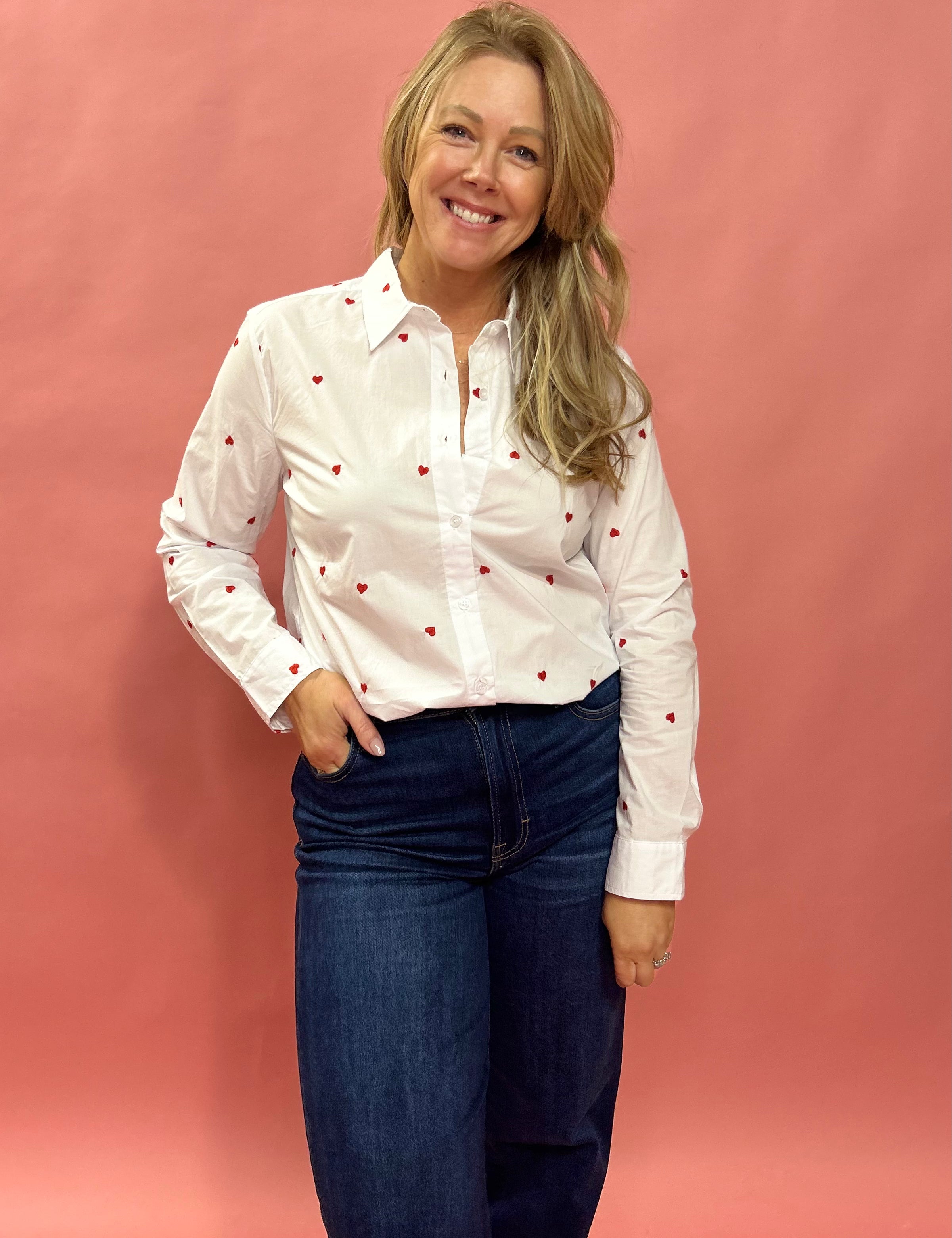 Love in Layers: Sheer White Button-Down with Red Hearts