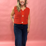 Cozy Charm: Red Sweater Vest with Oversized Buttons