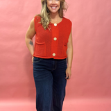 Cozy Charm: Red Sweater Vest with Oversized Buttons