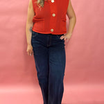 Cozy Charm: Red Sweater Vest with Oversized Buttons