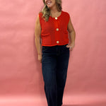 Cozy Charm: Red Sweater Vest with Oversized Buttons