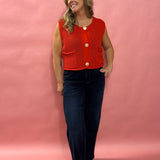 Cozy Charm: Red Sweater Vest with Oversized Buttons