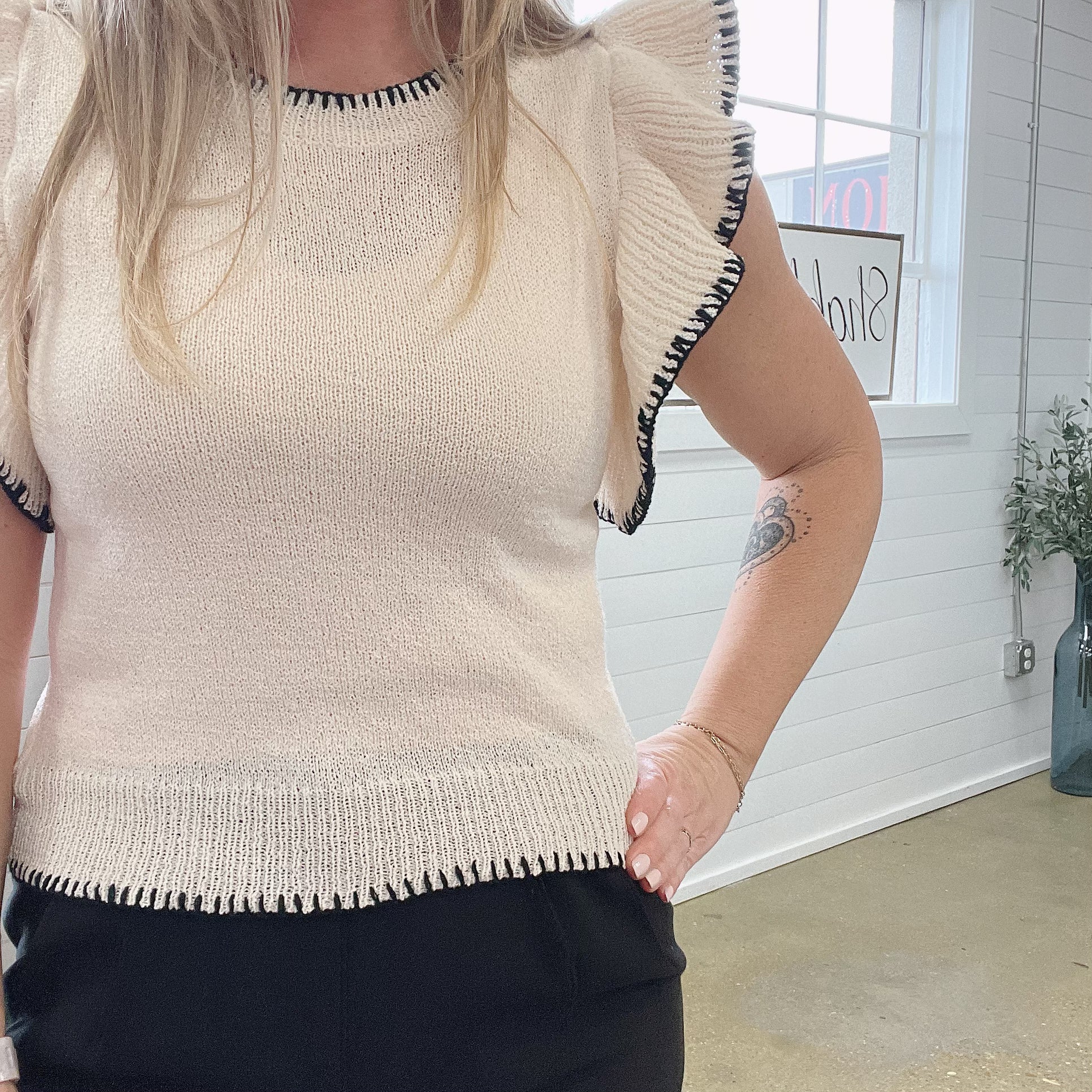 Bella Crochet Knit Flutter Sleeve Top in White