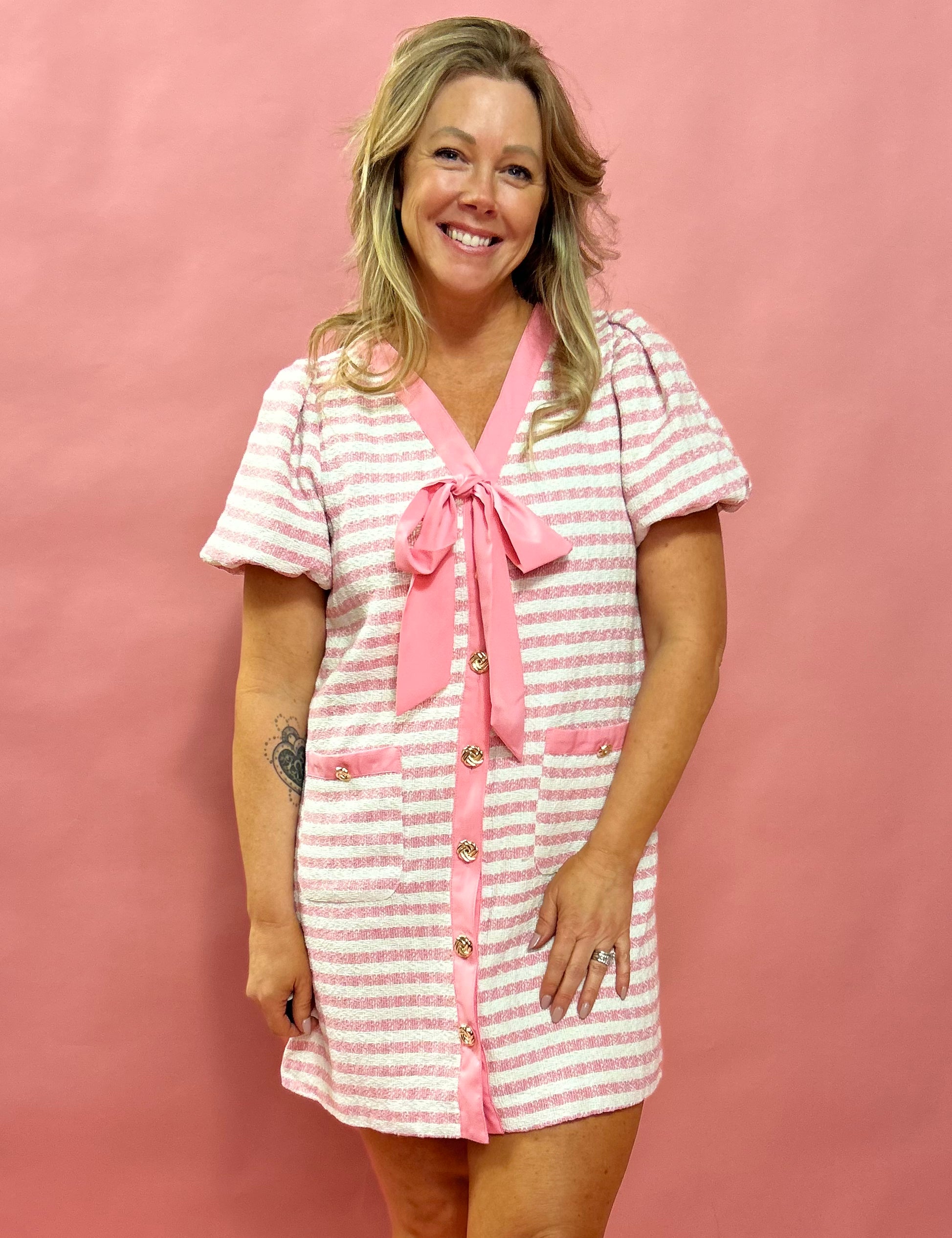 Sweet Stripes: Pink & Cream Knit Bow-Tie Dress