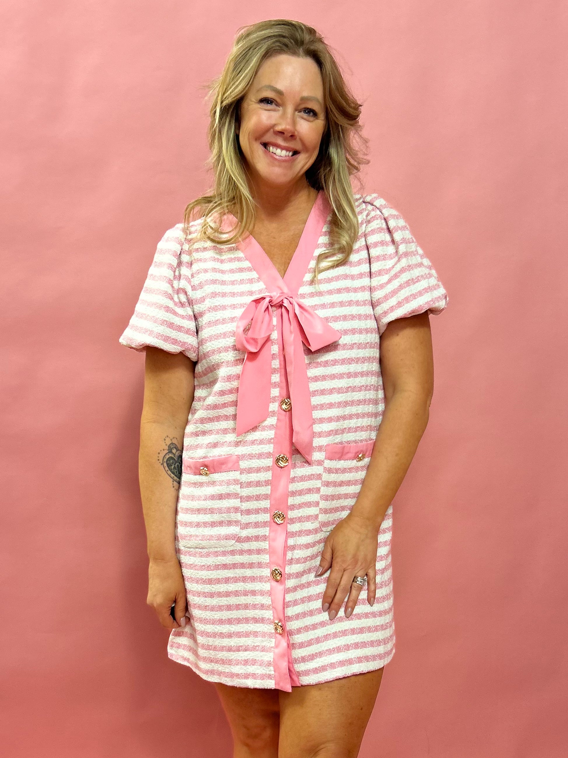 Sweet Stripes: Pink & Cream Knit Bow-Tie Dress