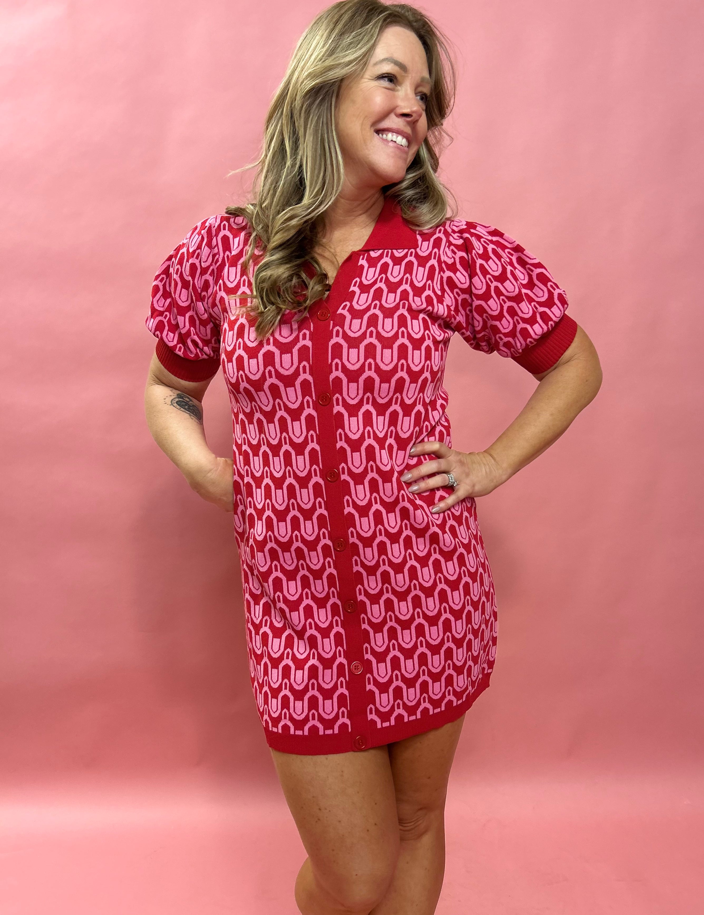 Retro Red/Pink Knit V-Neck Dress