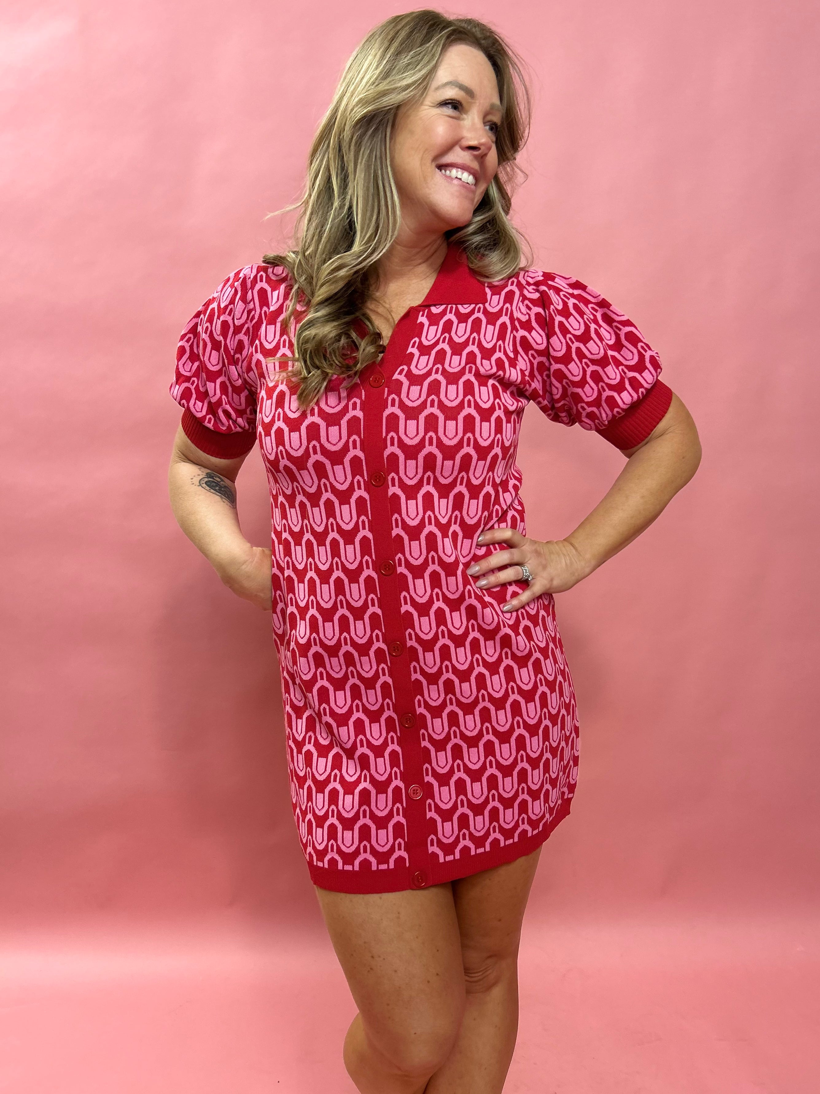 Retro Red/Pink Knit V-Neck Dress