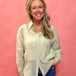 The Harper Button Down Long Sleeve Shirt Top in Sage Green