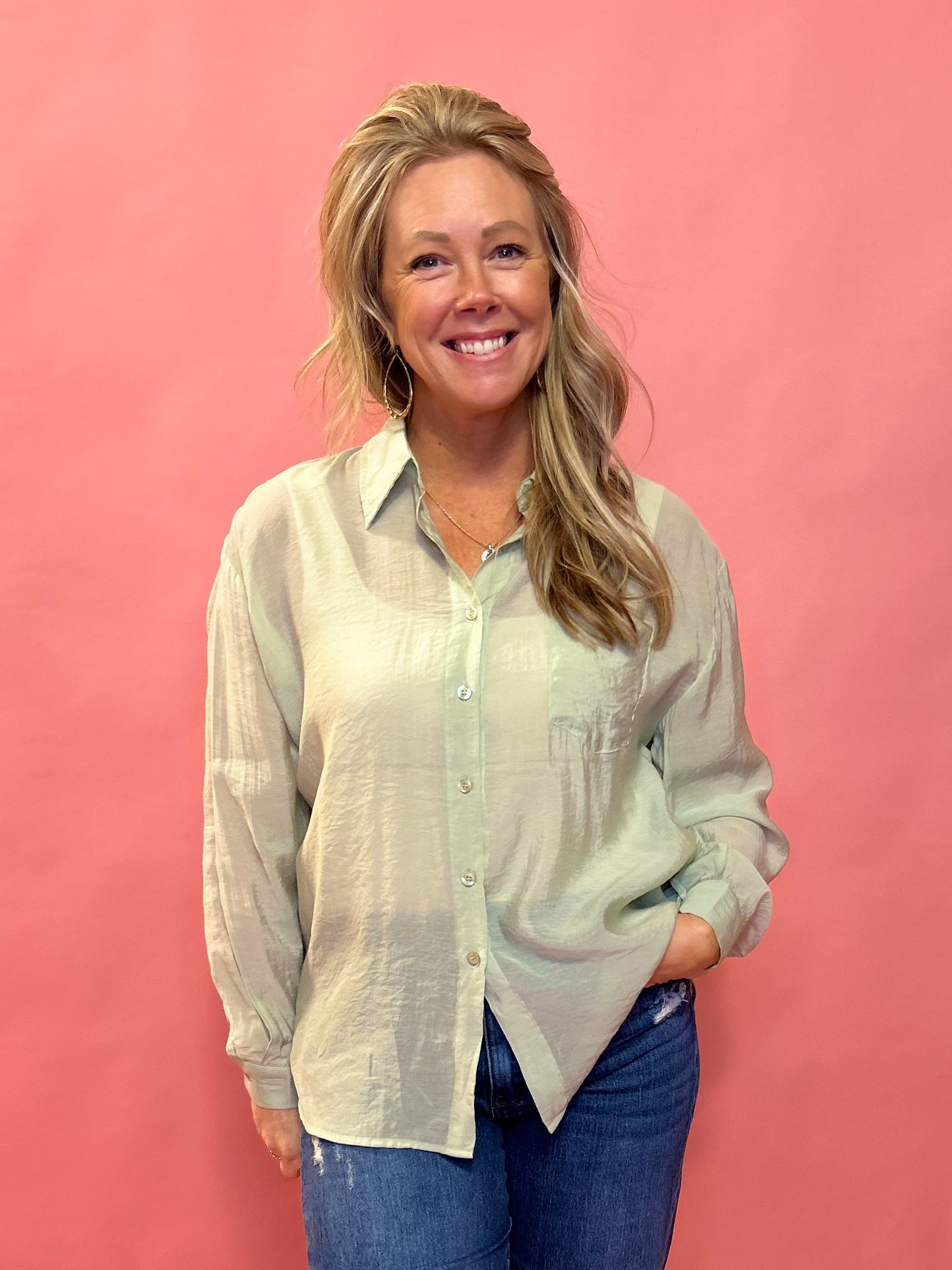 The Harper Button Down Long Sleeve Shirt Top in Sage Green