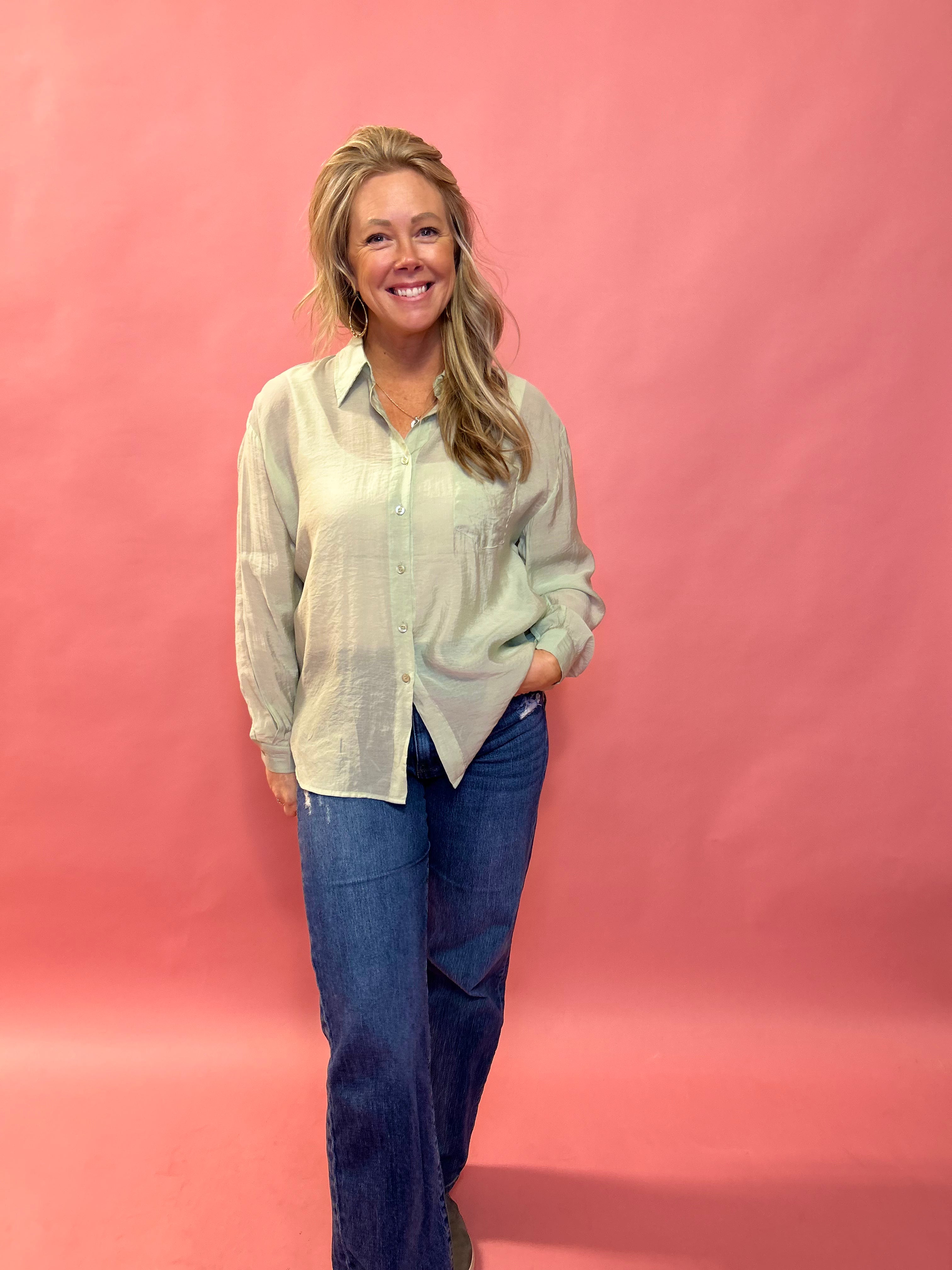 The Harper Button Down Long Sleeve Shirt Top in Sage Green