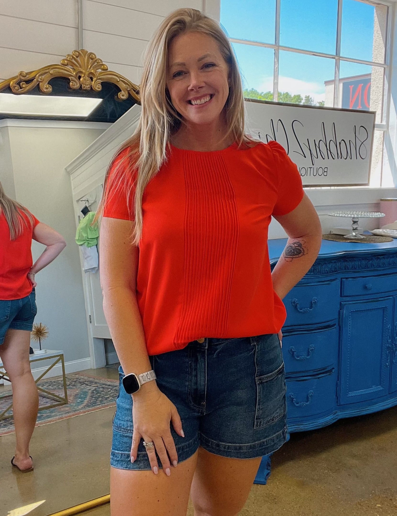 Prim And Proper Front Pleat Short Sleeve Top in Red