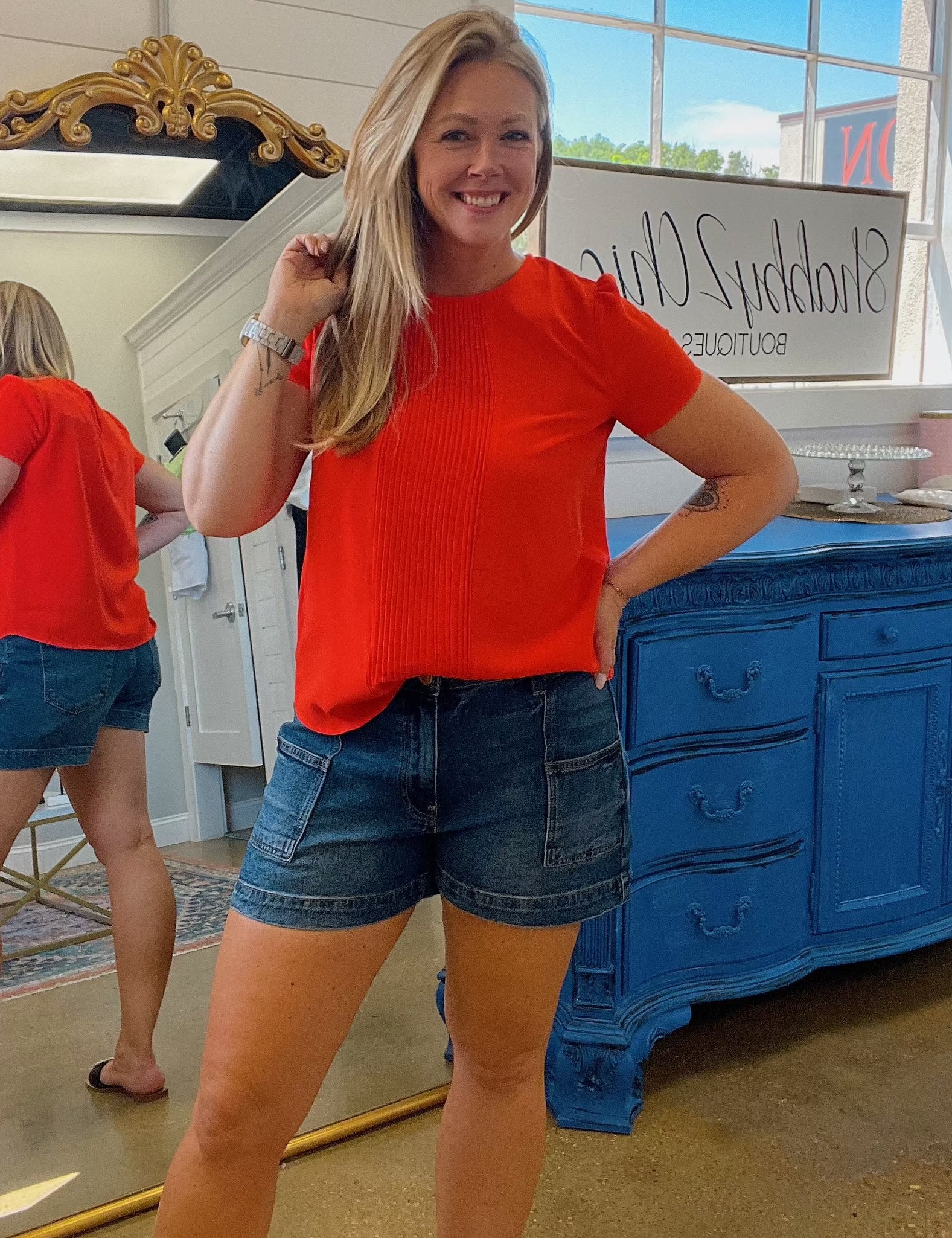 Prim And Proper Front Pleat Short Sleeve Top in Red