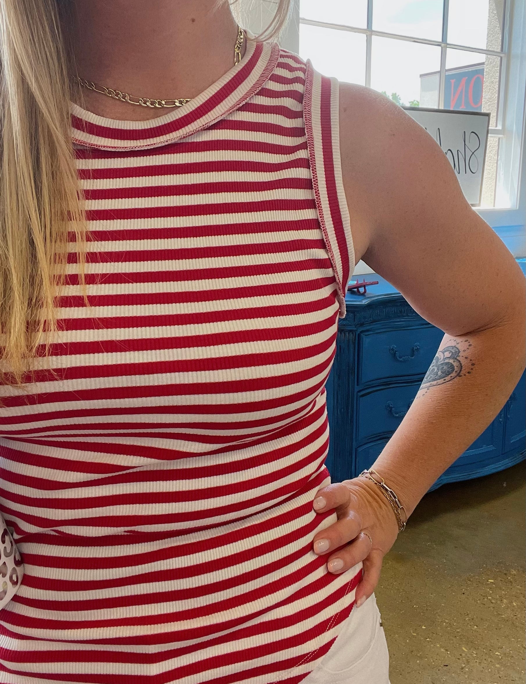 Blair Striped Ribbed Tank in Red