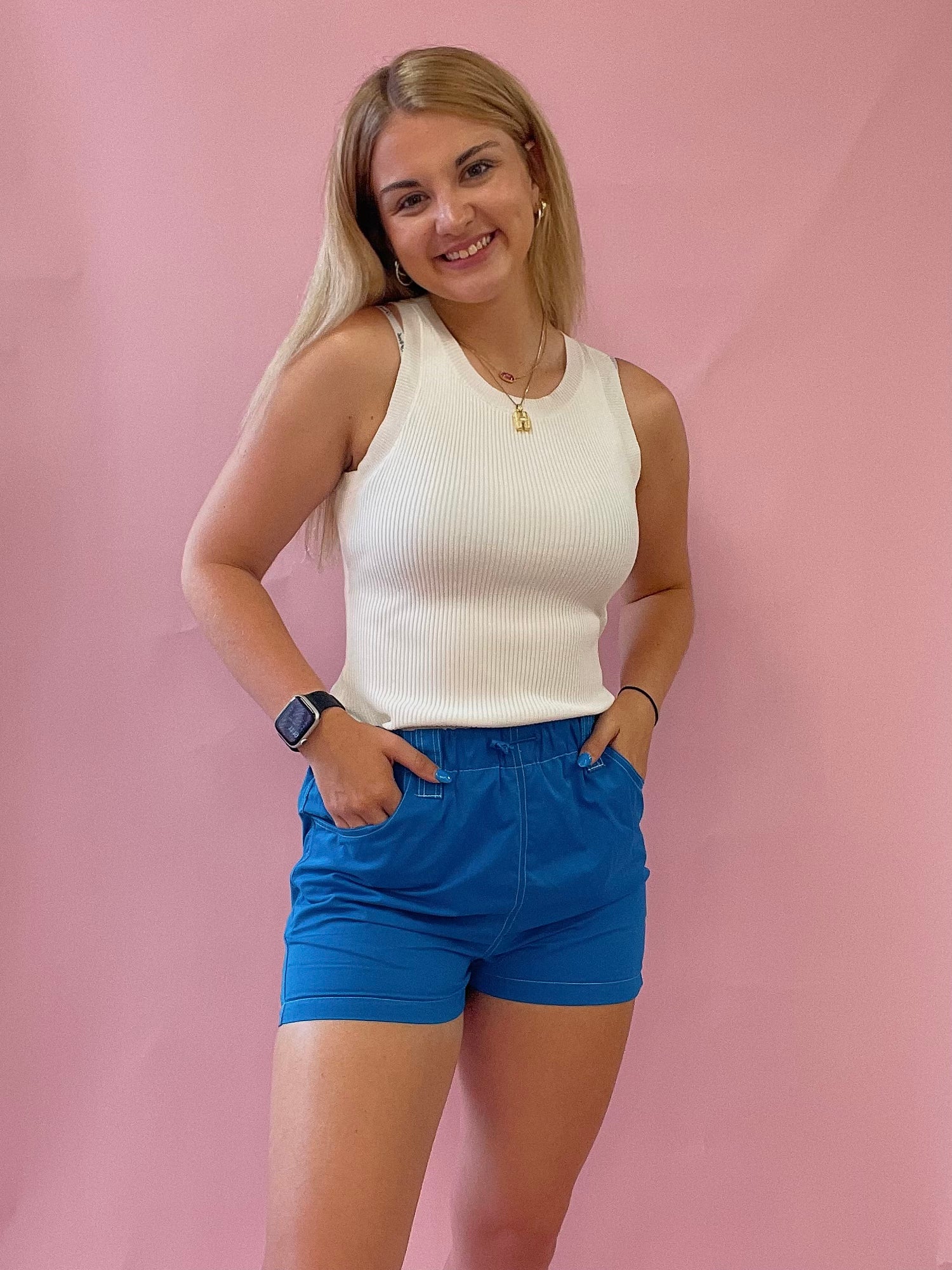 Janessa High Rise Pocketed Shorts in Blue