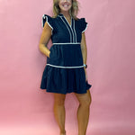 Jazmine V-Neck Babydoll Ruffle Sleeve Mini Dress in Navy