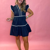 Jazmine V-Neck Babydoll Ruffle Sleeve Mini Dress in Navy