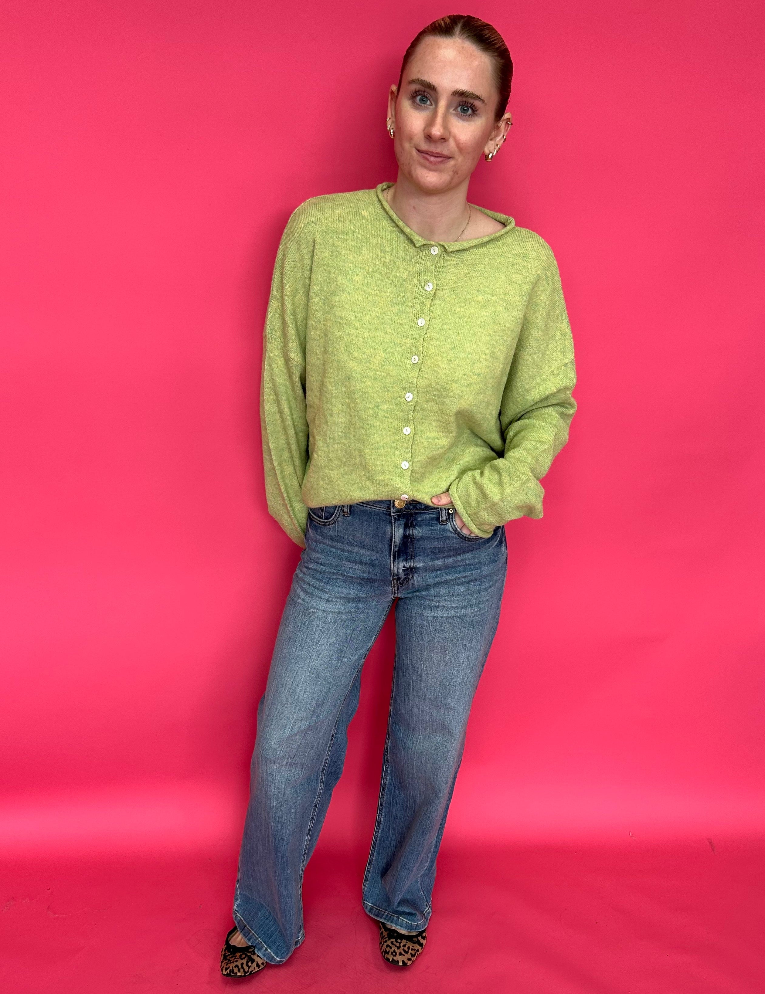 Back view of the wide leg jeans showing the high rise waist and full 22 inch leg opening
