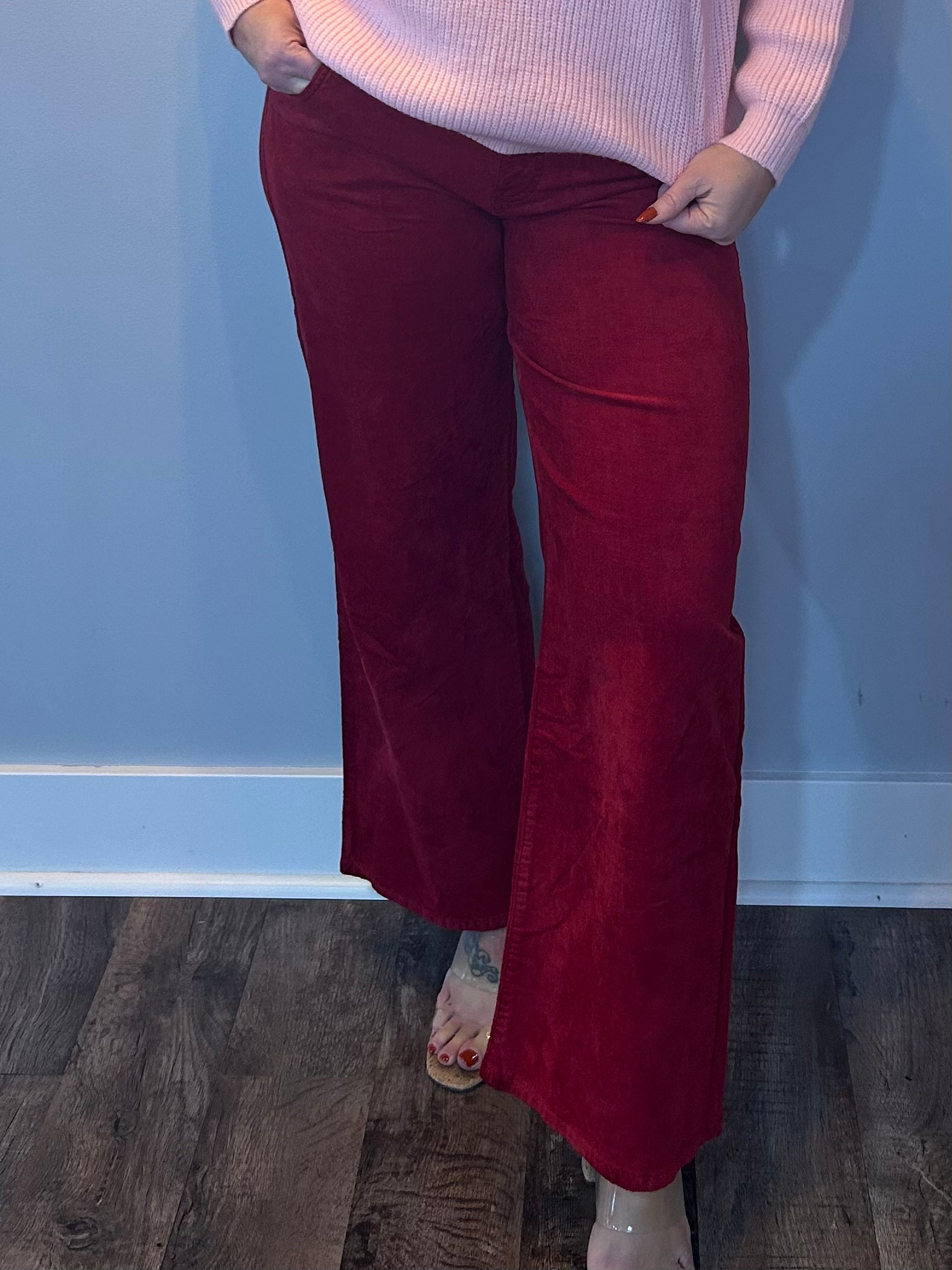 Jean Velveteen High Rise Flare in Red