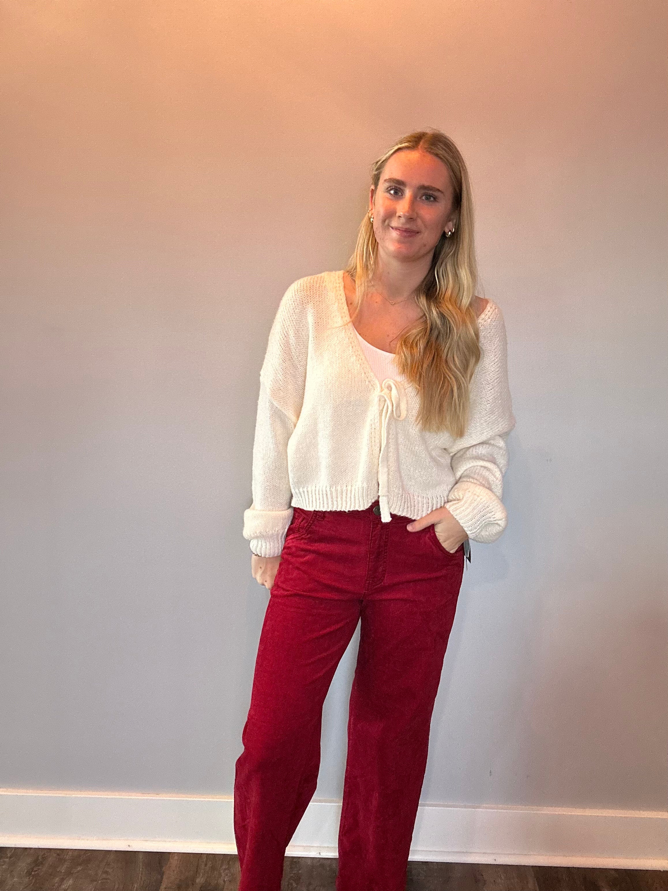 Jean Velveteen High Rise Flare in Red