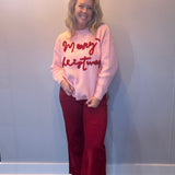 Jean Velveteen High Rise Flare in Red