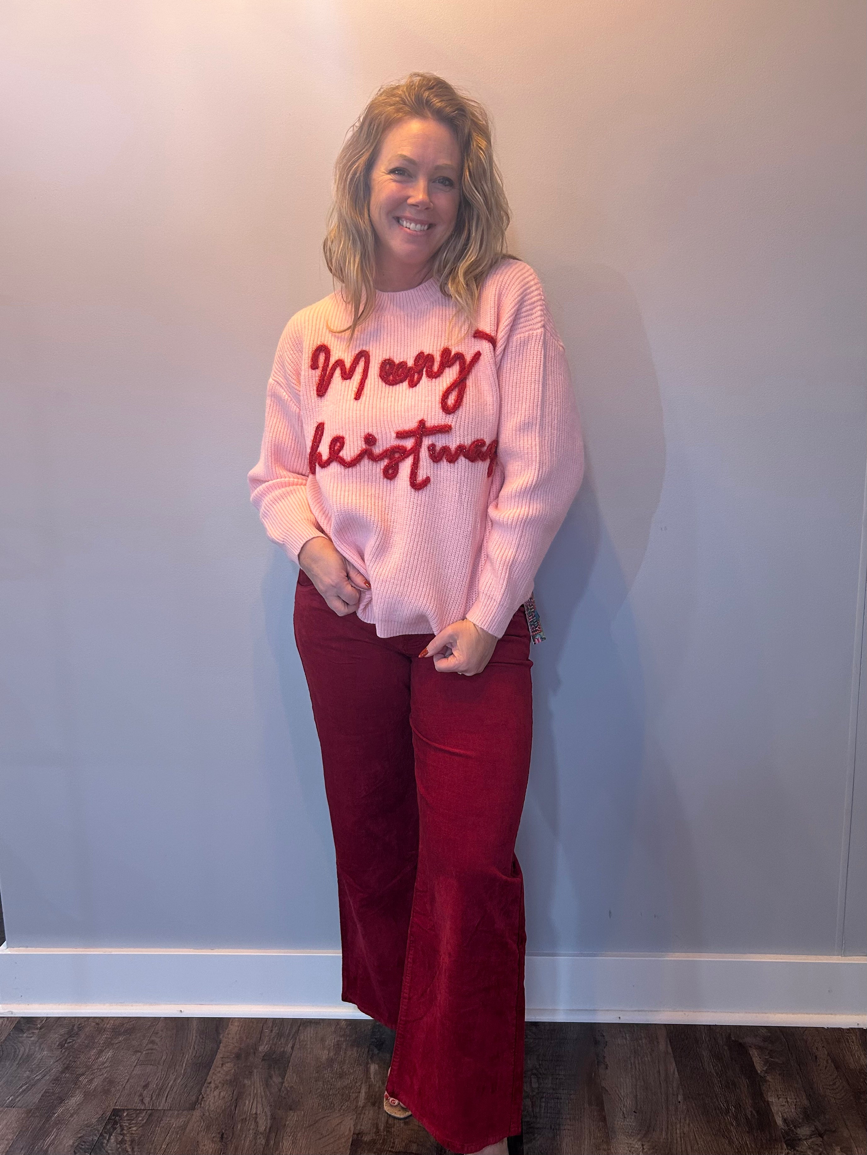 Jean Velveteen High Rise Flare in Red