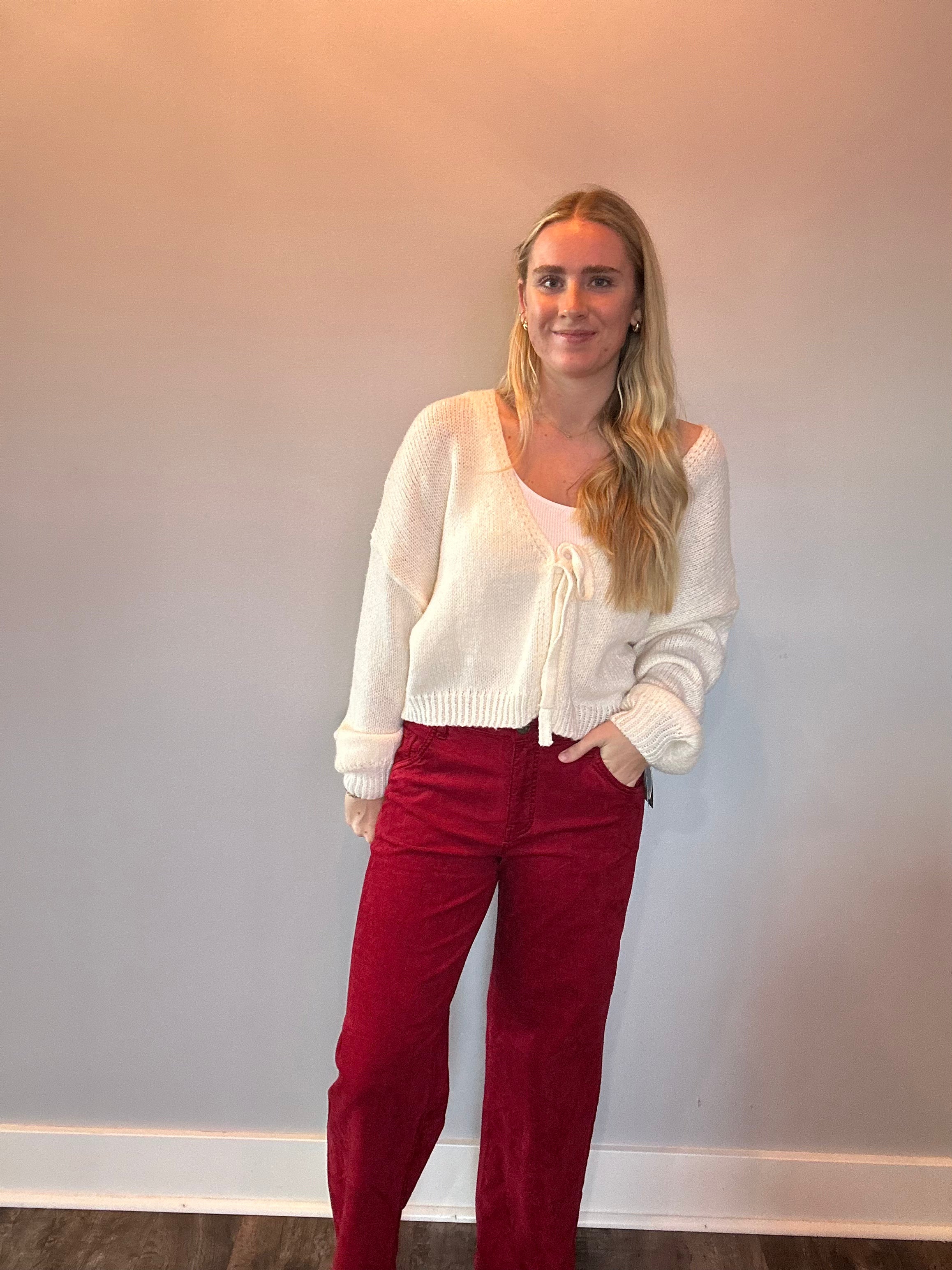 Jean Velveteen High Rise Flare in Red