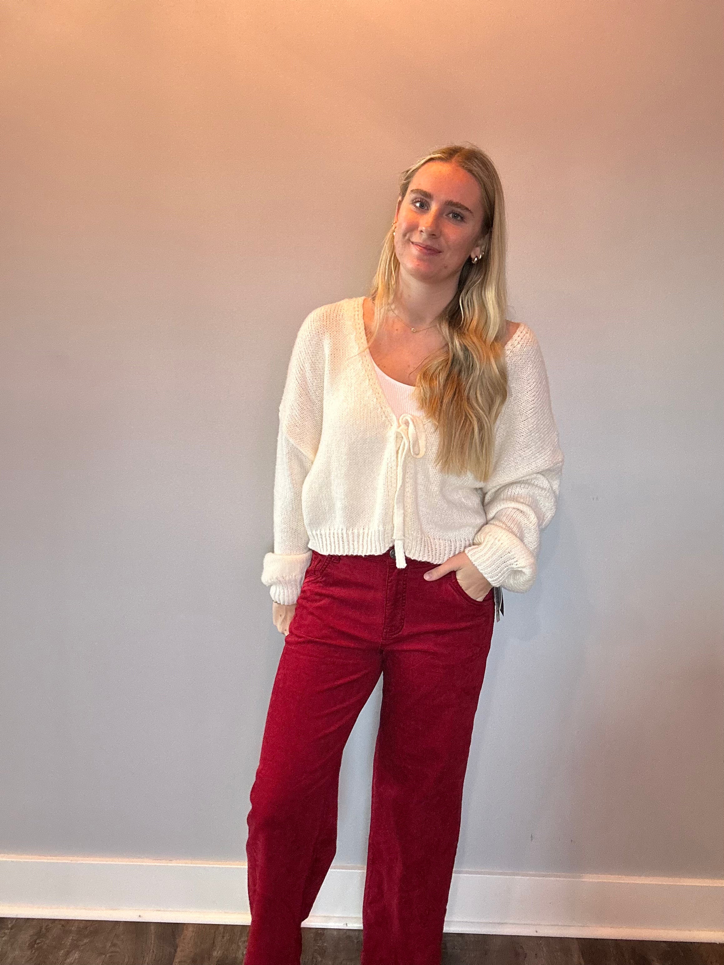 Jean Velveteen High Rise Flare in Red