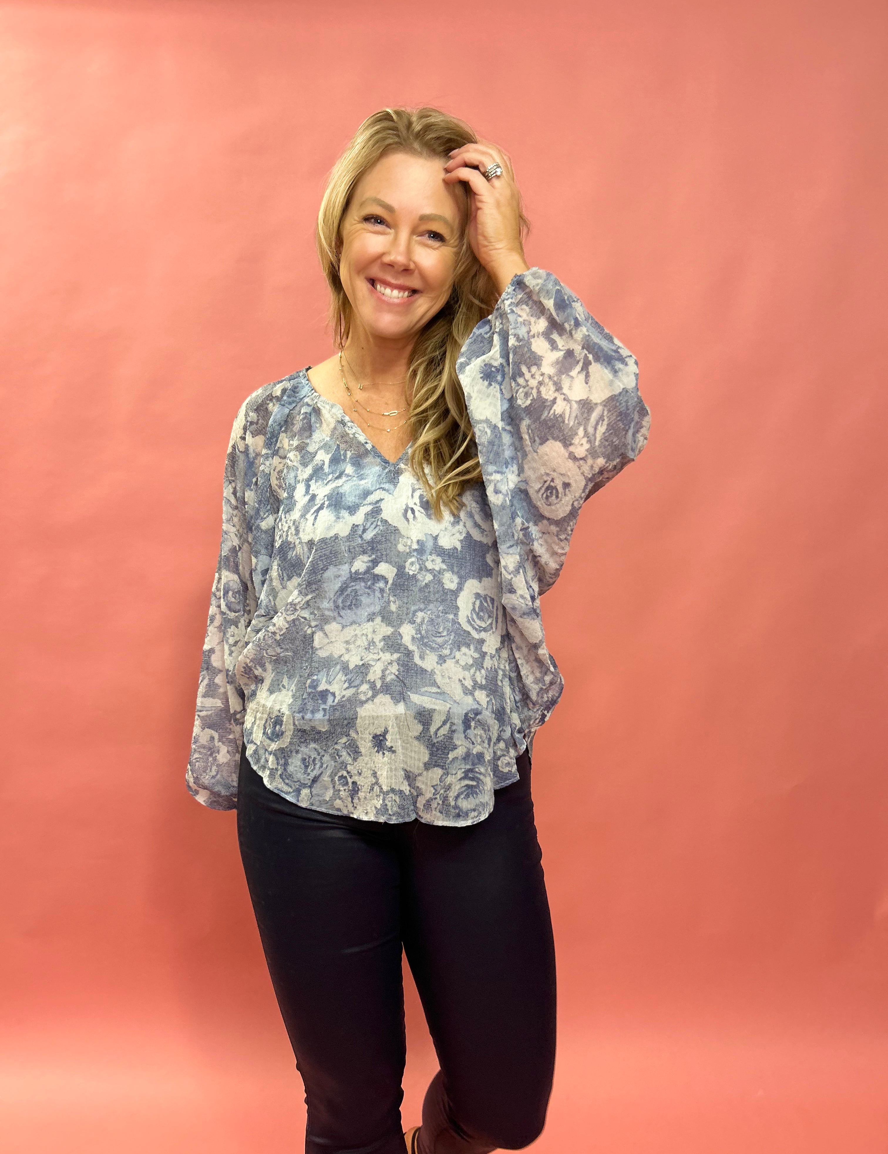 Kadence Floral Print V-Neck Raglan Top