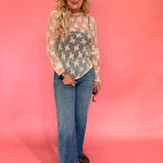 Lace Mock Neck Thumbhole Long Sleeve Top in Beige