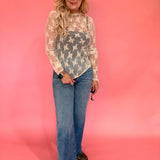 Lace Mock Neck Thumbhole Long Sleeve Top in Beige
