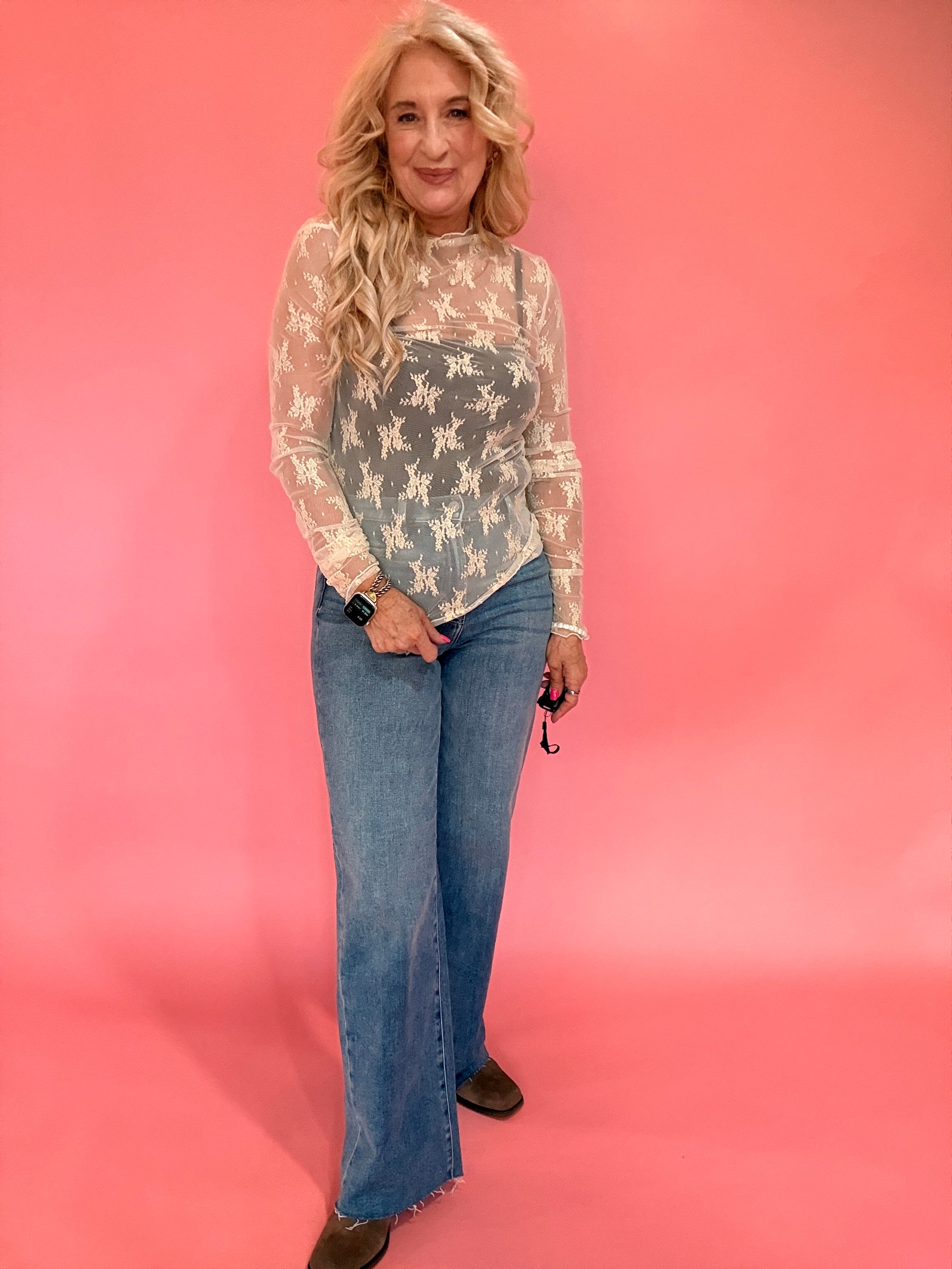 Lace Mock Neck Thumbhole Long Sleeve Top in Beige