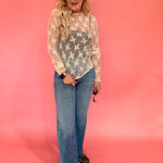 Lace Mock Neck Thumbhole Long Sleeve Top in Beige