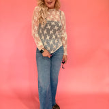 Lace Mock Neck Thumbhole Long Sleeve Top in Beige