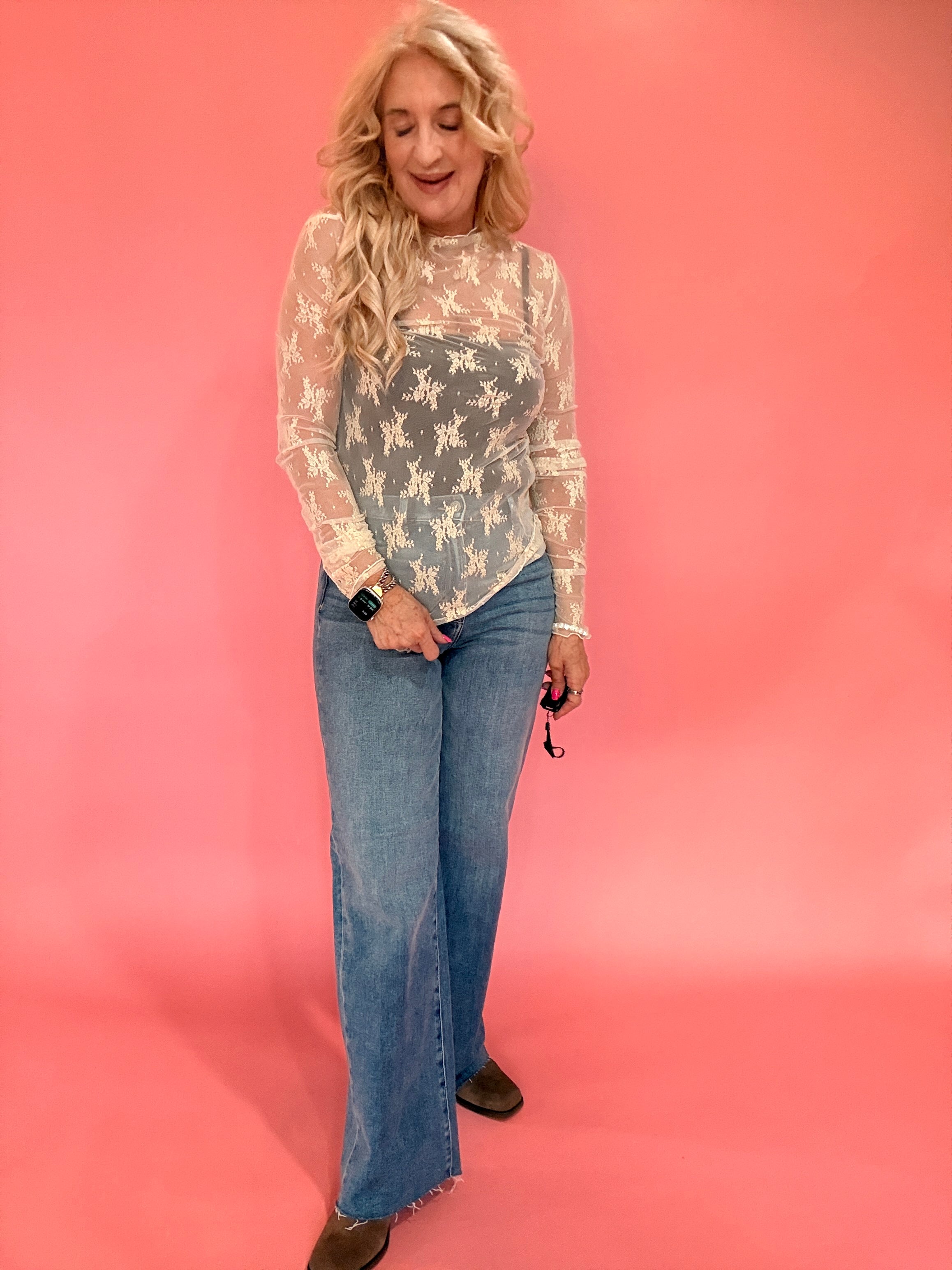 Lace Mock Neck Thumbhole Long Sleeve Top in Beige