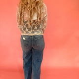 Lace Mock Neck Thumbhole Long Sleeve Top in Beige