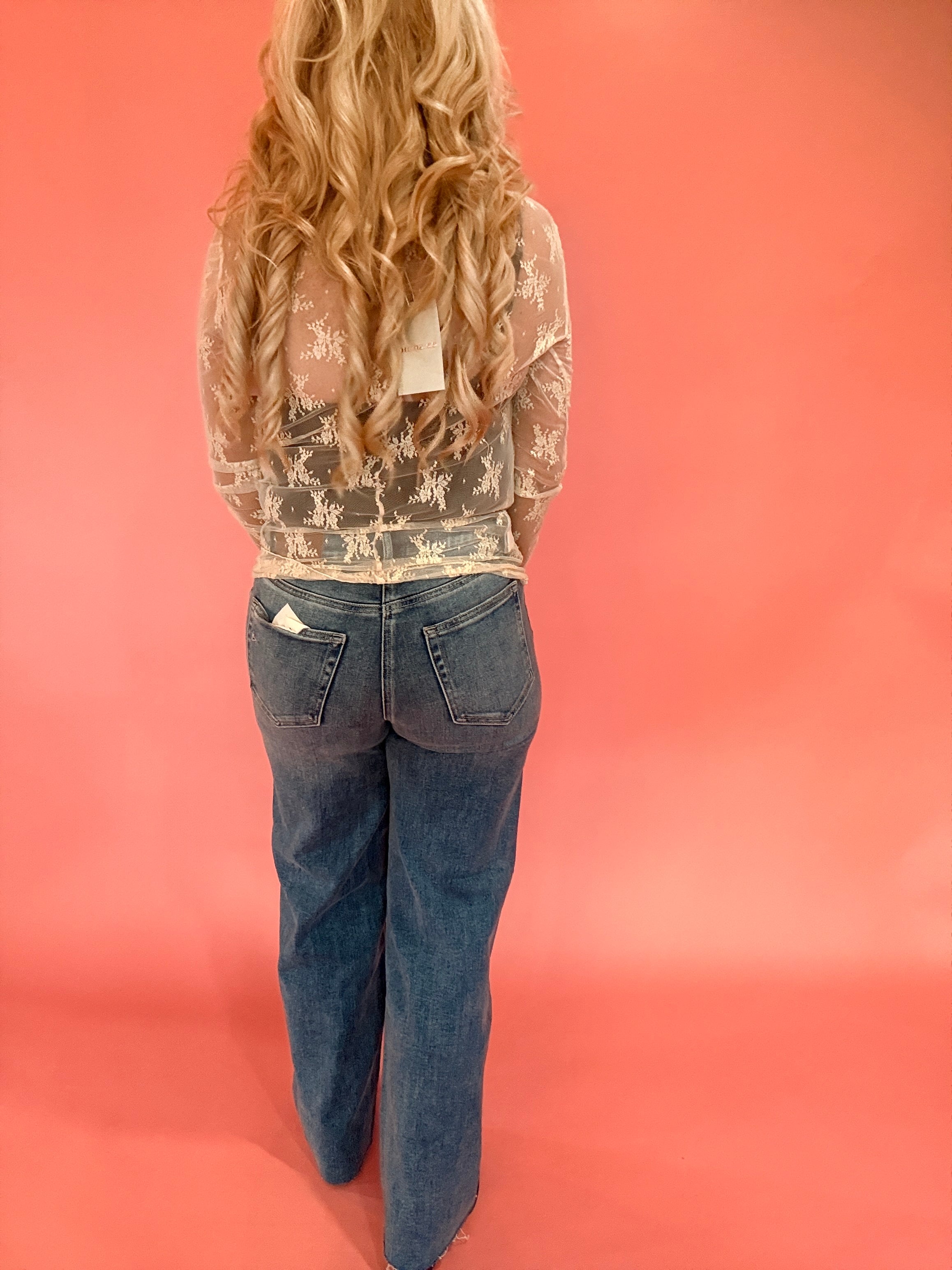 Lace Mock Neck Thumbhole Long Sleeve Top in Beige