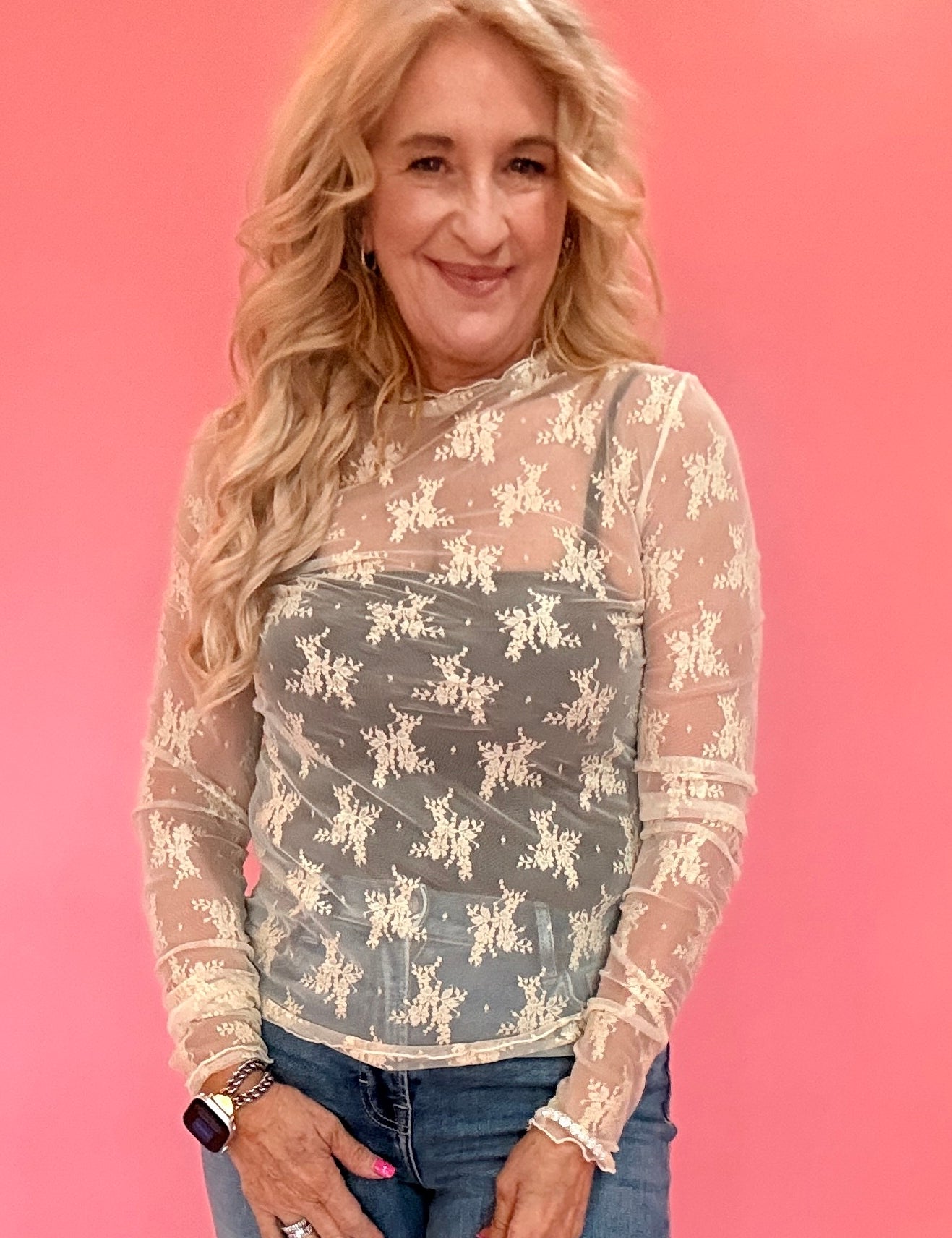 Lace Mock Neck Thumbhole Long Sleeve Top in Beige