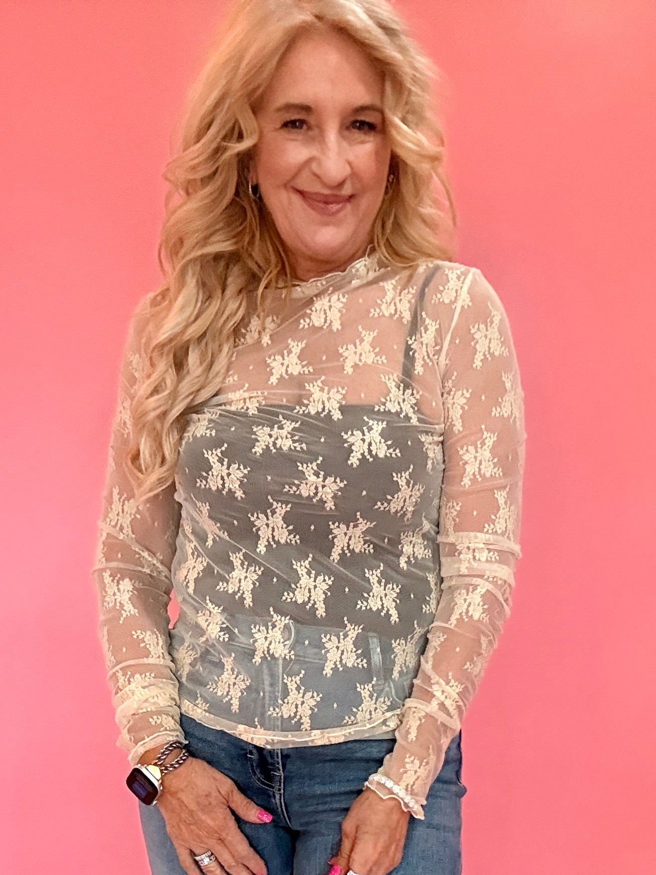 Lace Mock Neck Thumbhole Long Sleeve Top in Beige