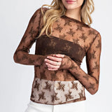 Lace Mock Neck Thumbhole Long Sleeve Top in Brown