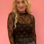Lace Mock Neck Thumbhole Long Sleeve Top in Brown